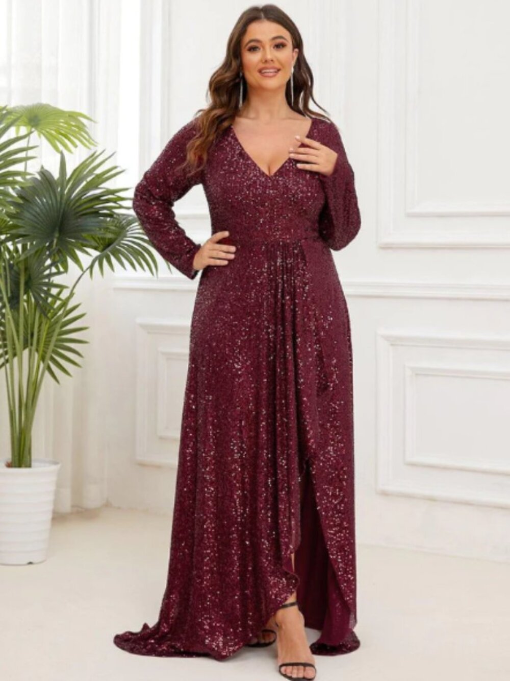 NWT Ever Pretty Syren Sequin V-Neck Gown with High Slit - Plus - Picture 3 of 13